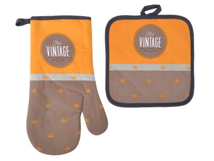 Kuchyňský SET rukavice/chňapka VINTAGE hnědá, 18x30 cm/20X20 cm ESSEX, 100% bavlna