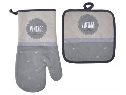 Kuchyňský SET rukavice/chňapka VINTAGE šedá, 18x30 cm/20X20 cm ESSEX, 100% bavlna