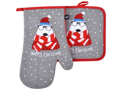 Kuchyňský set rukavice/chňapka SNOW FUN, šedá, MEDVĚD 18x30 cm/20X20 cm ESSEX