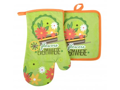 Kuchyňský set rukavice/chňapka FLOWERS zelená 18x30 cm/20X20 cm ESSEX