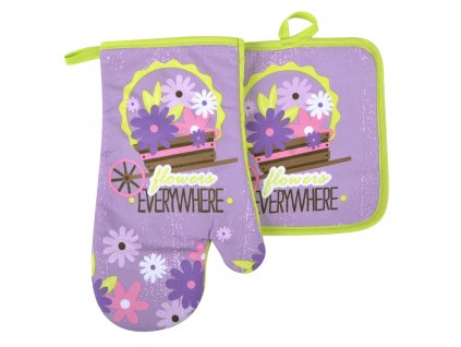 Kuchyňský set rukavice/chňapka FLOWERS fialová 18x30 cm/20X20 cm ESSEX