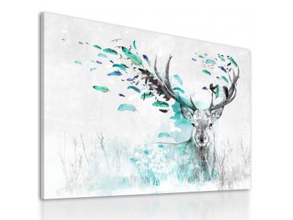 Obraz na plátně DEER WITH FEATHERS - TYRKYS různé rozměry Ludesign