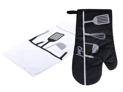 Kuchyňský DÁRKOVÝ set mikrovláknová utěrka/rukavice - chňapka CHEF černá ESSEX