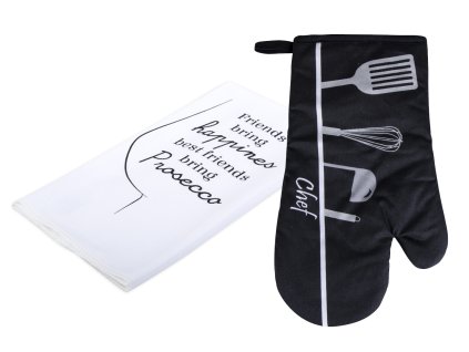 Kuchyňský DÁRKOVÝ set mikrovláknová utěrka/rukavice - chňapka CHEF/PROSECCO černá ESSEX