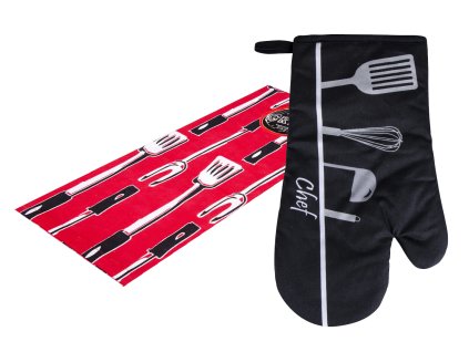 Kuchyňský DÁRKOVÝ set bavlněná utěrka/rukavice - chňapka CHEF/GRILL černá/červená ESSEX