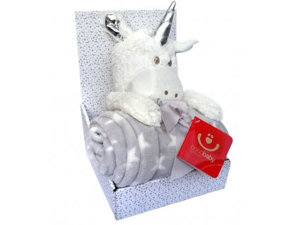 Dárkový set - dětská hračka JEDNOROŽEC bílá/šedá s mikrovláknovou dekou 75X100 cm