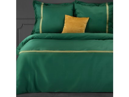 Povlečení BRODERI zelená/zlatá 100% saténová bavlna 1x 200x220 cm, 2x povlak 70x80 cm francouzské povlečení MyBestHome