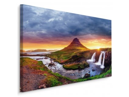 Plátno Islandské Vodopády Při Západu Slunce