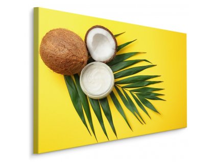 Plátno Listové A Kokosové Ovoce Na Žlutém Podkladu