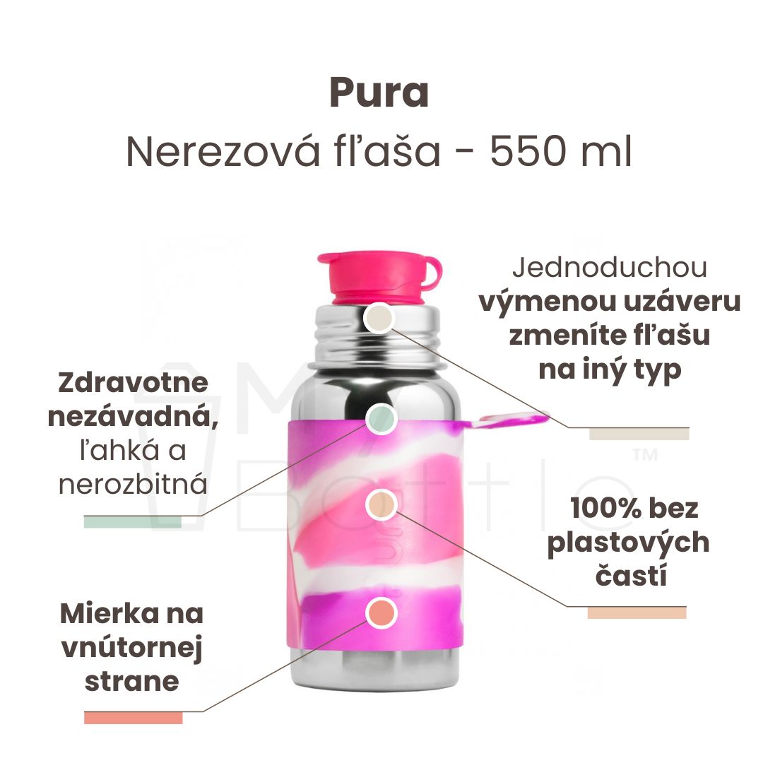 Nerezová fľaša do školy so športovým uzáverom - Pura® ružovo/biela 550 ml