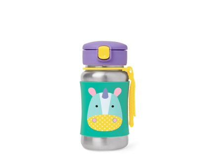 Detská nerezová fľaša na vodu so slamkou SKIP HOP Zoo - Jednorožec 12m+, 350 ml