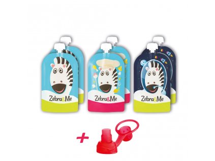 Plniteľné kapsičky pre deti na opakované použitie Zebra&Me 150 ml, 6ks + náustok zadarmo