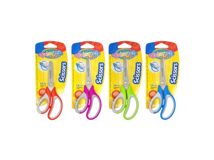 Nožnice detské s mäkkým gumovým gripom, 14 cm, asymetrické, mix farieb