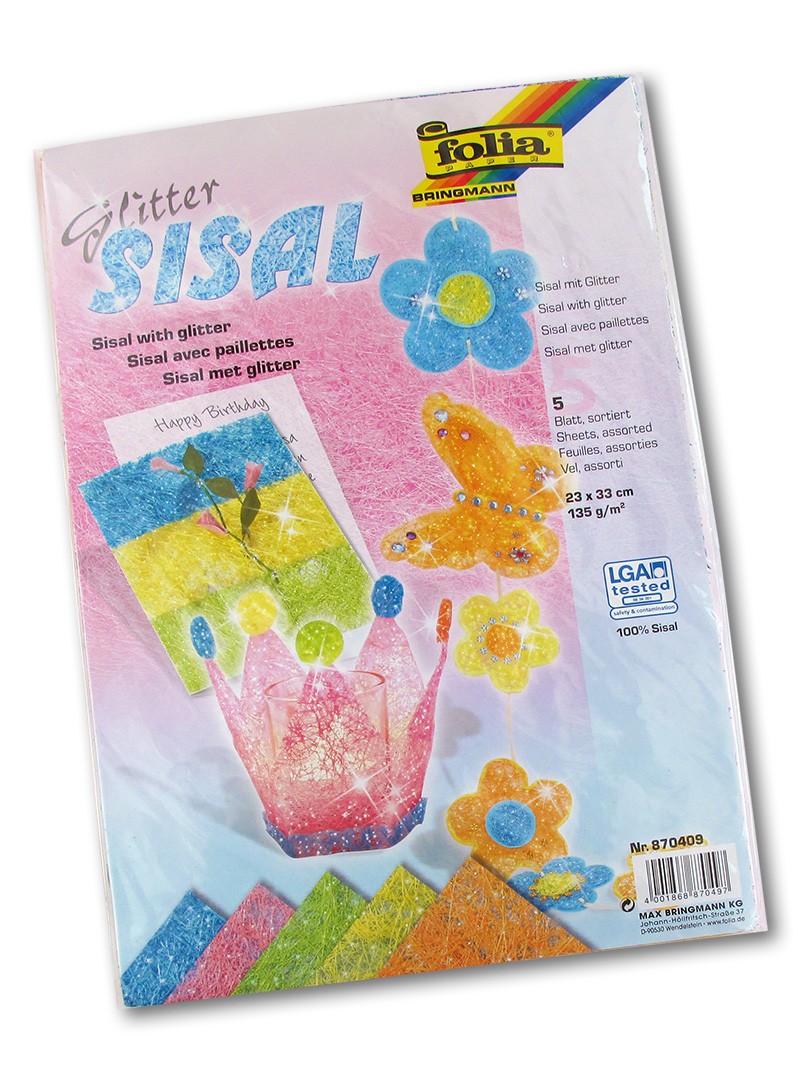 Folia - Sisalový papír se třpytkami, pastelové barvy, 5 listů, 23 x 33 cm