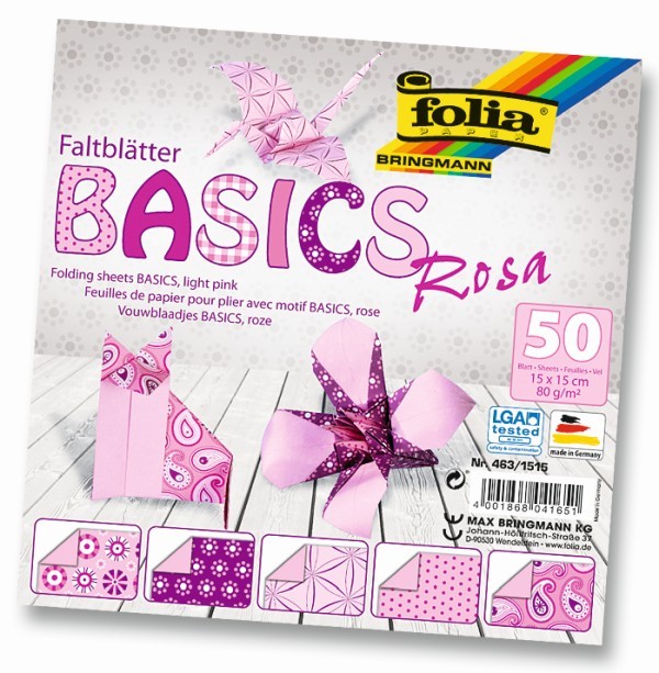 Folia - Max Bringmann Origami papír Basics 80 g/m2 - 15 x 15 cm, 50 archů - růžový