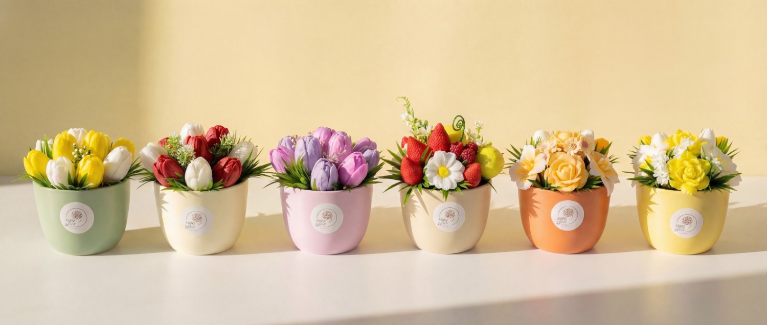 Jarní dekorační kytice v keramickém květináči, krásné pastelové barvy