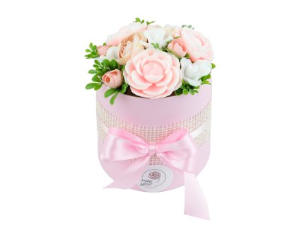 Mýdlová kytice růžovo bílých pivoněk - kytice ve flowerboxu FL213c