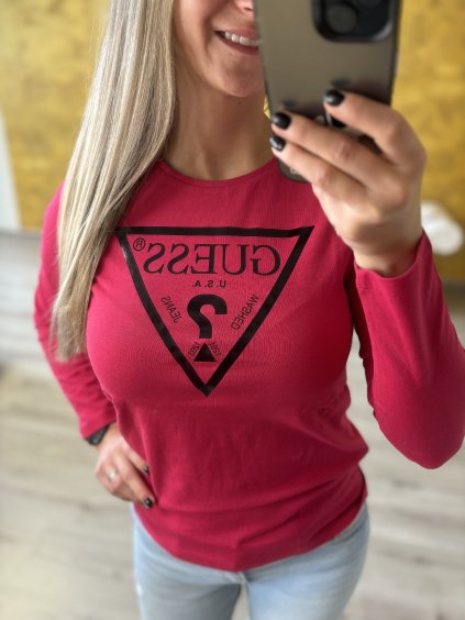 Triko Guess s dlouhým rukávem, růžové