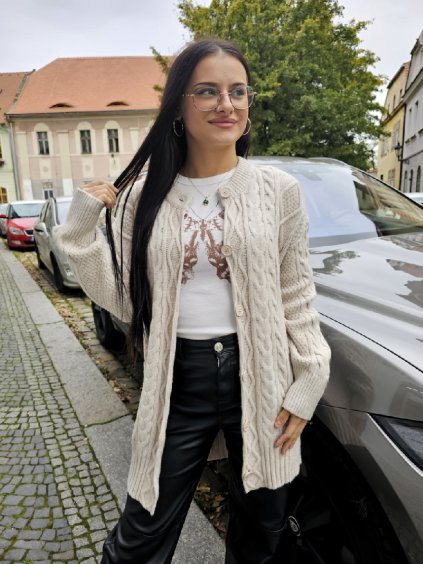 Dlouhý béžové svetr KARA se zapínáním na knoflíky