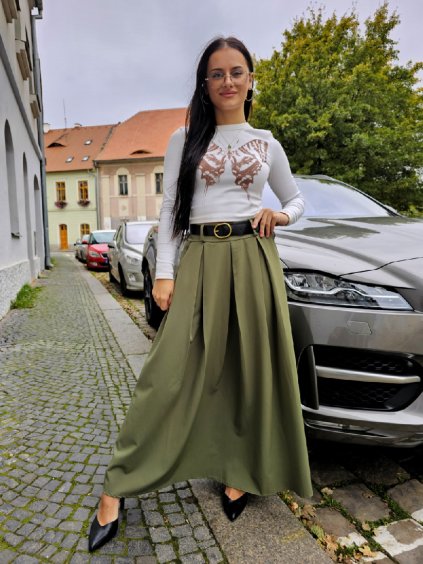 Dlouhá áčková sukně LANNY s páskem khaki