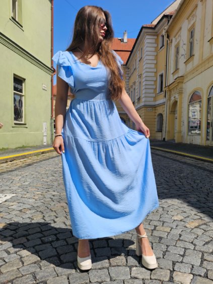 Dlouhé šaty LETOA se zavazování vzadu v pase světle modré1