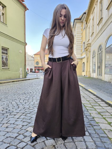 Čokoládové kalhoty OLIVIRA s černým páskem