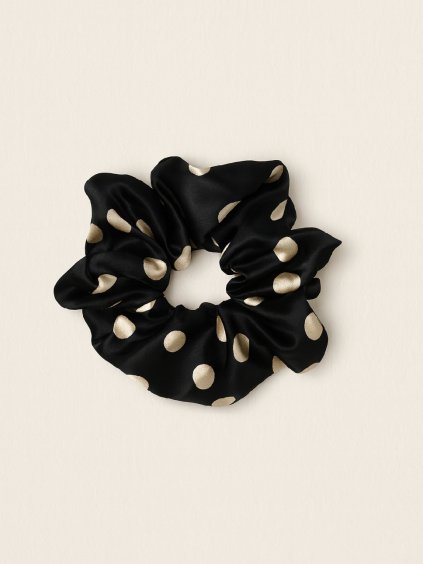 Scrunchie saténová gumička DORY černá s béžovými puntíky