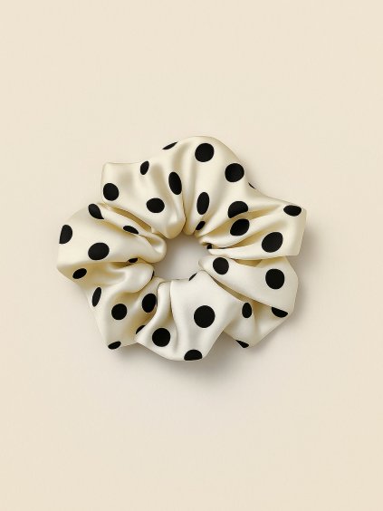 Scrunchie saténová gumička DORY béžová s černými puntíky