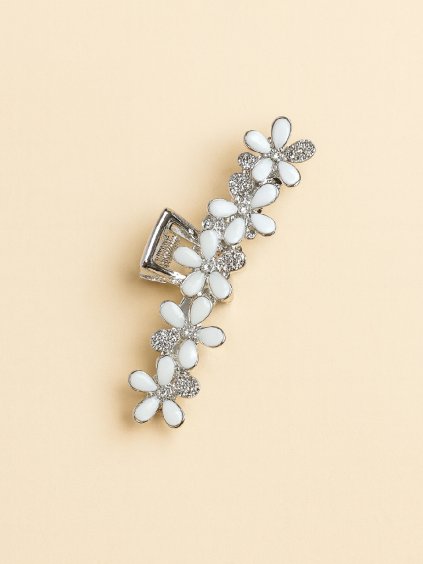 Stříbrný skřipec do vlasů s bílými květy a krystaly