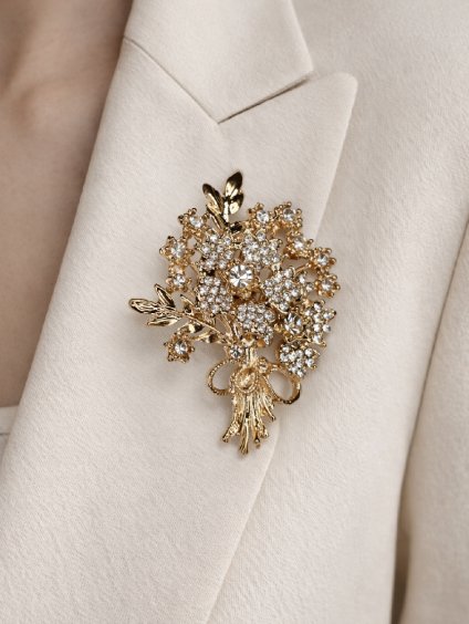 Brož zlatá KYTICE osázená jemnými kamínky