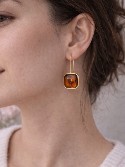 Náušnice PEARL SQUARE GOLD hnědé