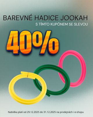 Stáhněte si aplikci Kartička, jde najdete slevový kupón na nákup barevných hadic značky Jookah. Sleva 40% platí od 29.12...