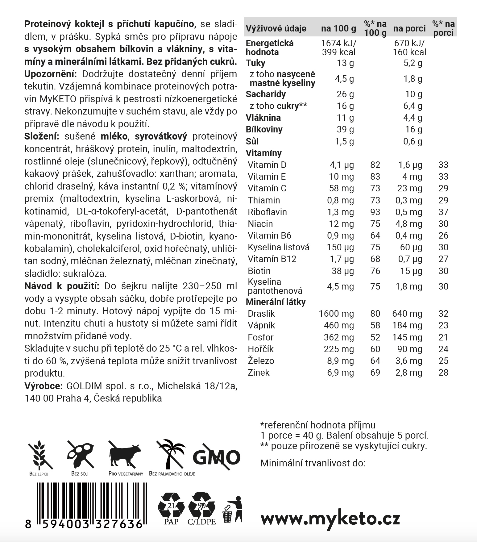 Proteinový koktejls příchutí kapučíno
1 porce 40g