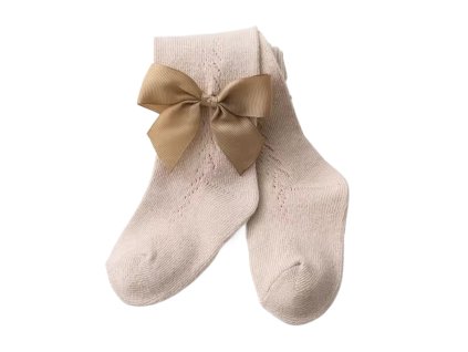 Bavlněné punčocháče se zdobením a velkou mašlí - Béžová