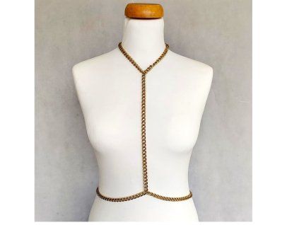 Zlatý řetězový Harness s koženými prvky