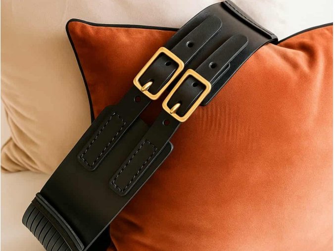 Široký kožený opasek s mosazným kováním