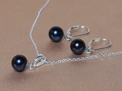 Fekete gyöngyös ezüst fülbevaló és medál szett