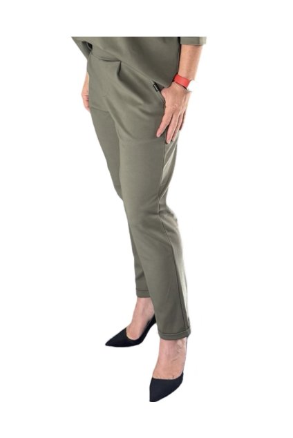 Kalhoty Elegant Long Khaki  Elegantní přizpůsobivé kalhoty s gumou
