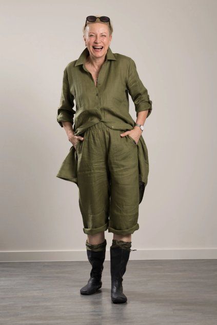 Lněné kalhoty Romy Khaki 7/8 (Velikost S/M)