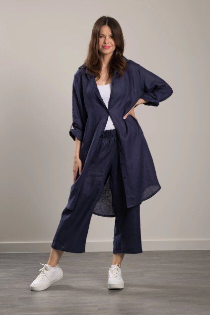 Lněné kalhoty Romy Navy Blue 7/8 (Velikost S/M)