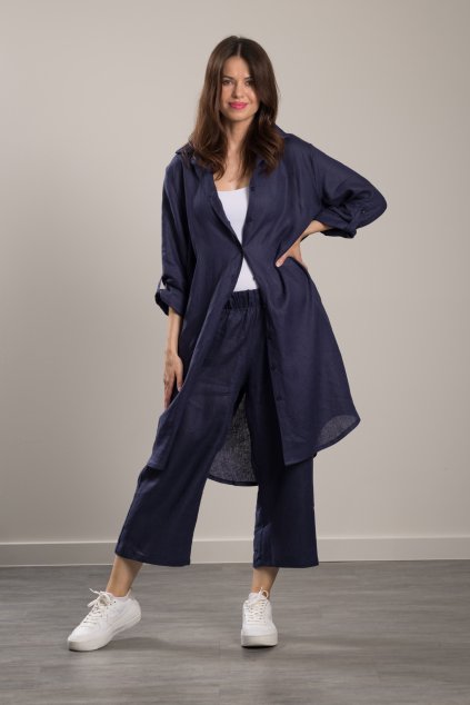 Lněné kalhoty Romy Navy Blue 7/8 Maxi košile z jemného lnu