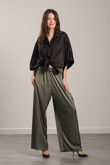 Elegant Sara Silk Olive Trousers Elegant satin trousers
