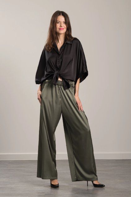 Elegantní kalhoty Sara Silk Olive (Velikost S/M)