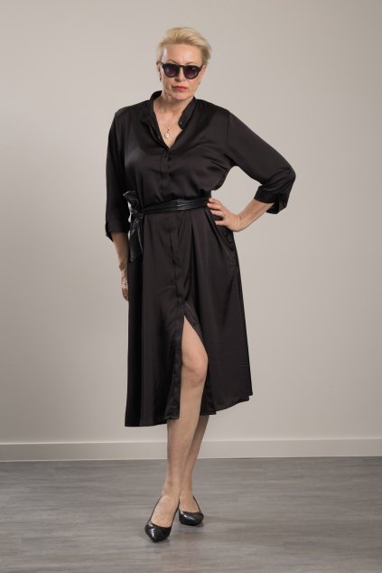 Shirt Dress Clara Silk Black  Satin midi button-down dress
