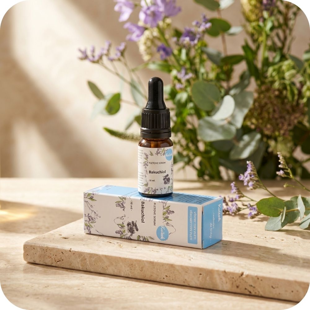 Kvitok Bakuchiol 10 ml – pleťové sérum s rostlinnou alternativou retinolu v tmavé skleněné lahvičce s pipetkou