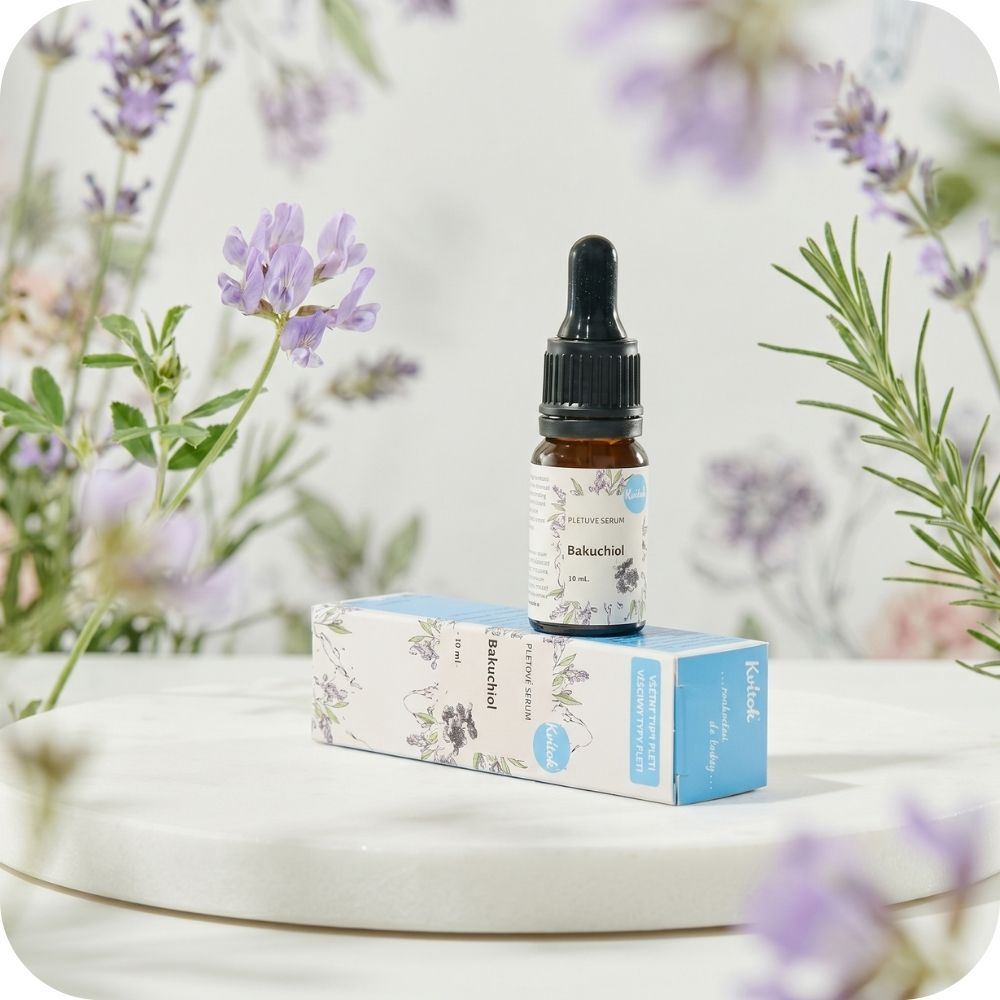 Kvitok Bakuchiol 30 ml – pleťové sérum s rostlinnou alternativou retinolu v tmavé skleněné lahvičce s pipetkou