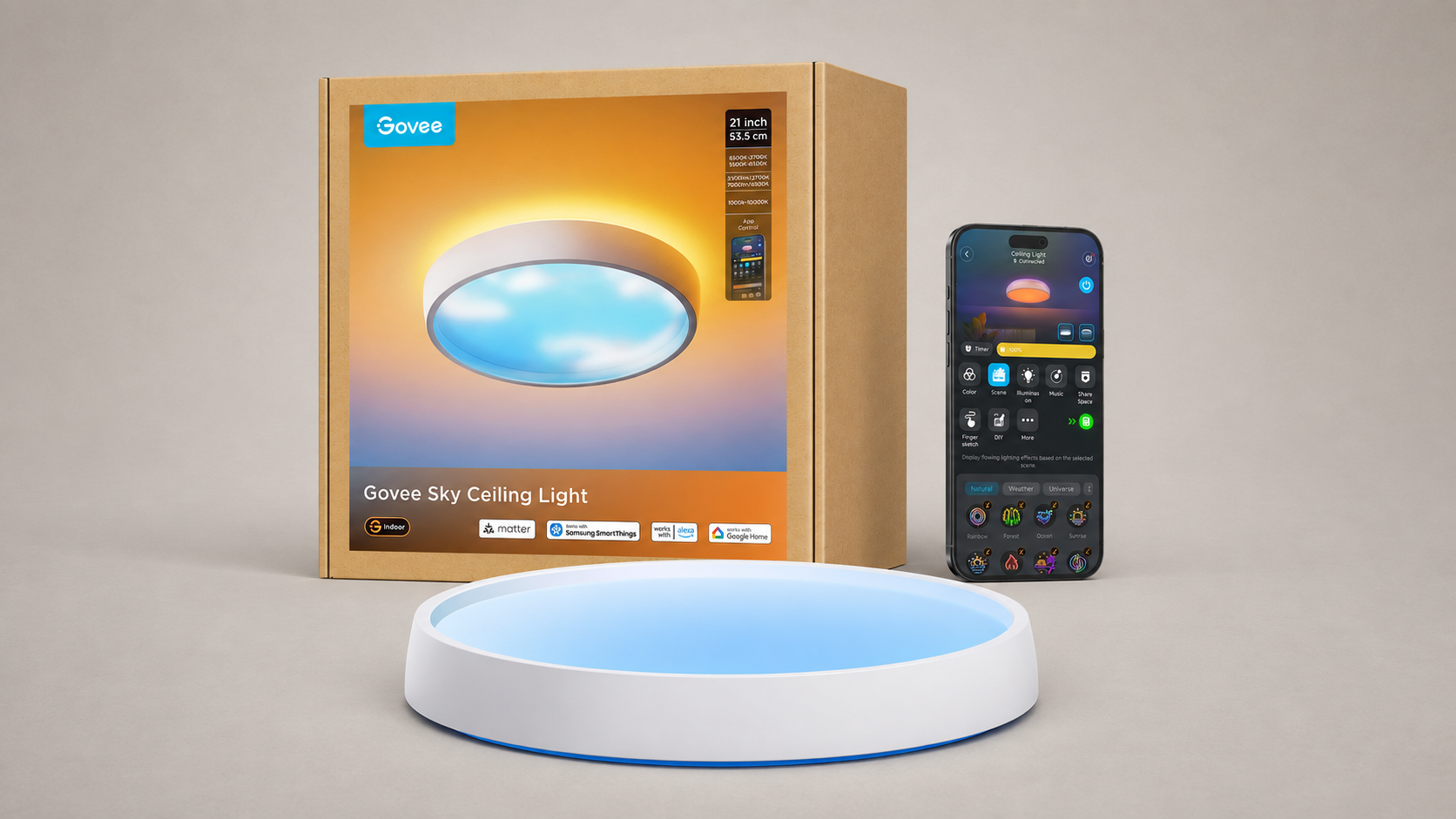 Govee Sky Ceiling Light simuluje denní oblohu a podporuje Matter
