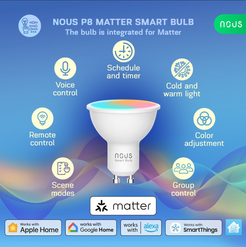 Infografika chytré žárovky NOUS P8 Matter GU10 zobrazující podporu hlasového ovládání, časovačů, změny barev a kompatibilitu s Apple Home, Google Home, Alexa a SmartThings.