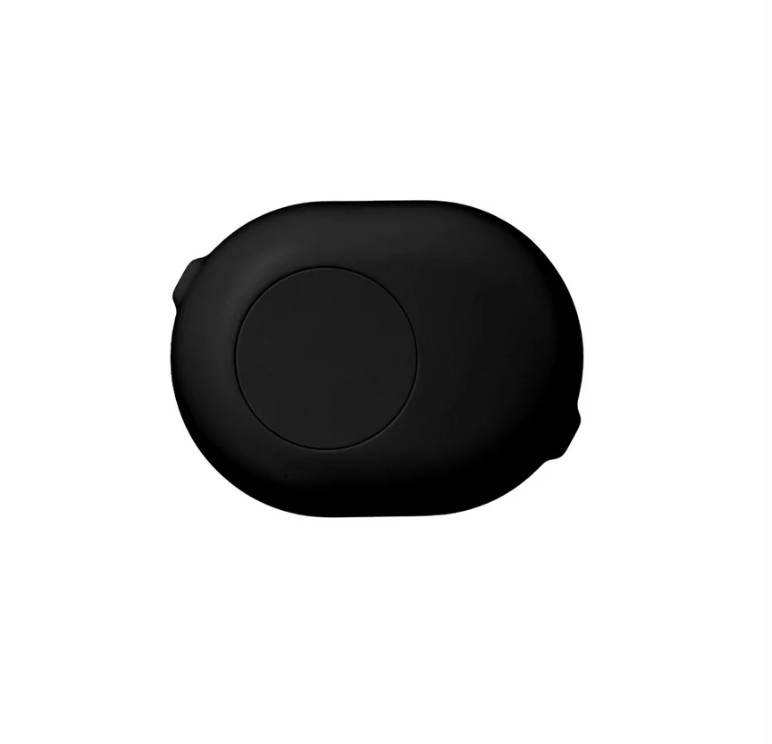 Kompaktní černý Shelly Button Add-on s kulatým ovládacím tlačítkem v přenosném provedení