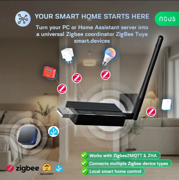 NOUS E16 USB dongle jako Zigbee koordinátor pro Home Assistant server, Zigbee2MQTT a ZHA s lokálním ovládáním chytré domácnosti